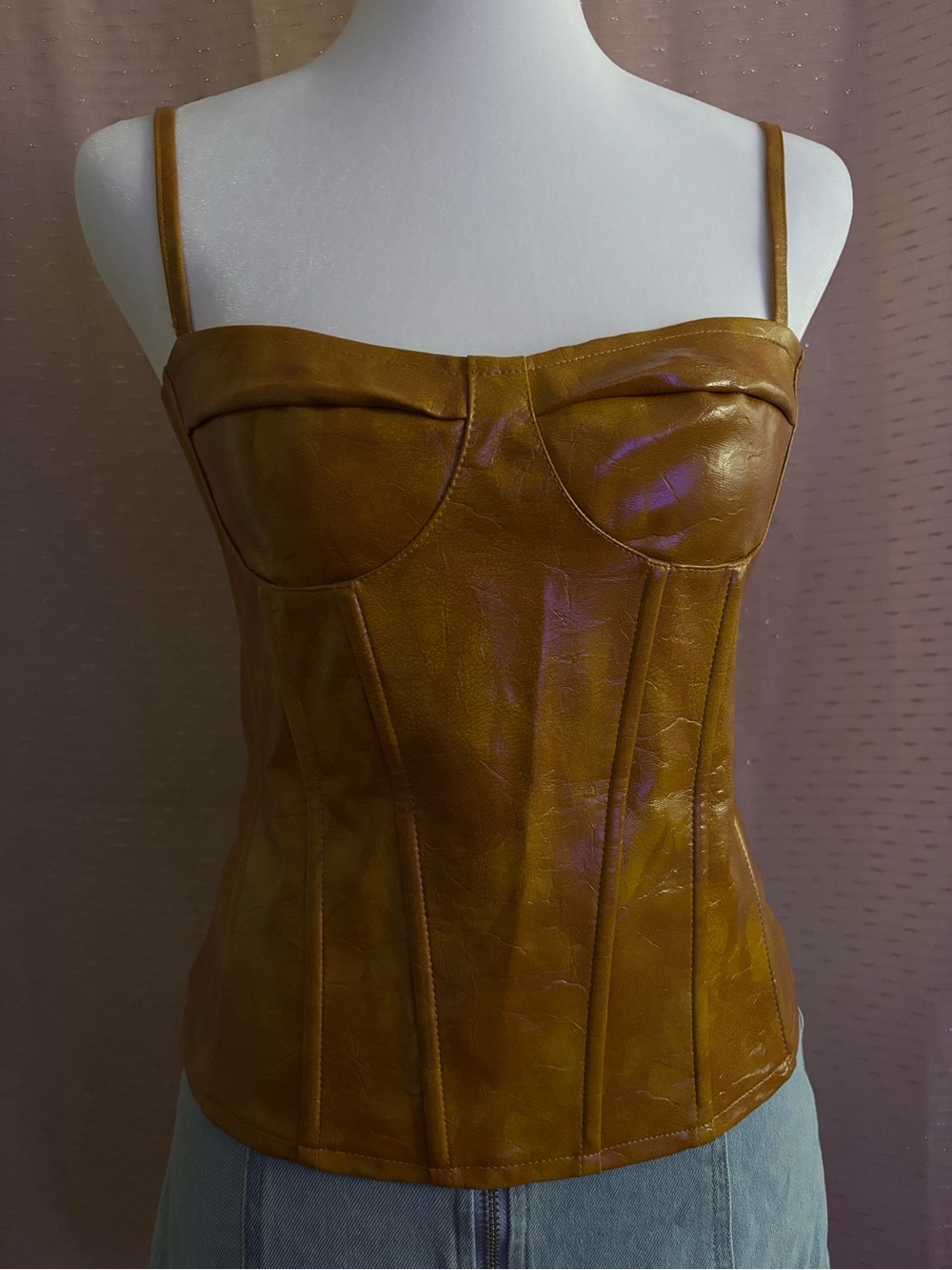 PrettyLittleThing Mustard Brown Faux Leather Corset Cami